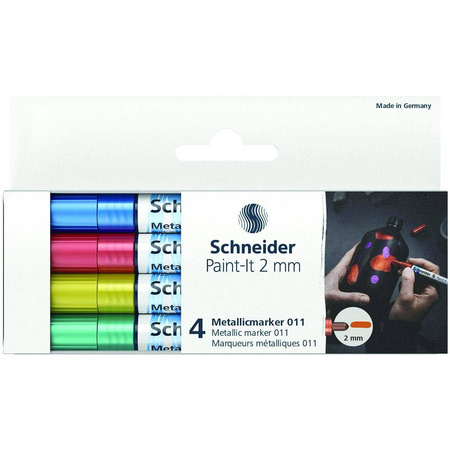 Marker akrylowy Schneider Paint-It Metallic 2mm 4 kolory (niebieski czerwony żółty zielony)
