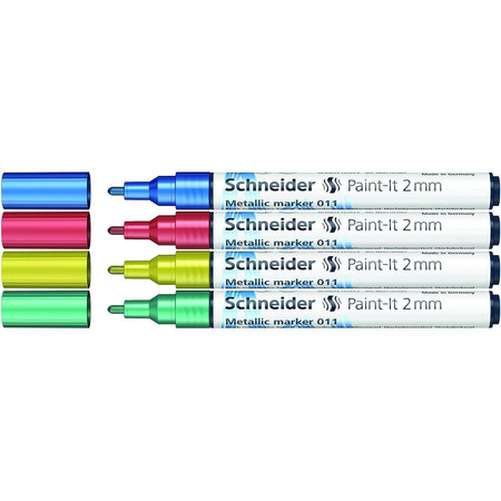 Marker akrylowy Schneider Paint-It Metallic 2mm 4 kolory (niebieski czerwony żółty zielony)