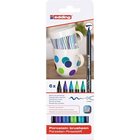 Pisaki do powierzchni ceramicznych z końcówką pędzelkową 6 zimnych kolorów Edding