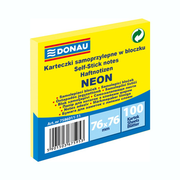 Karteczki samoprzylepne 76x76mm Donau neonowe żółty neonowy