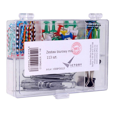 Zestaw biurowy spinacze pinezki klipy Victory Office 113 sztuk