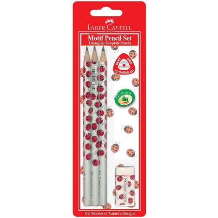 Ołówek Faber Castell trójkątny biedronka HB zestaw 3 sztuki+gumka