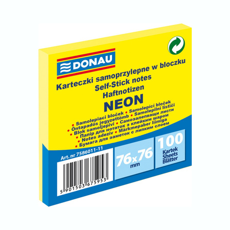 Karteczki samoprzylepne 76x76mm Donau neonowe żółty neonowy