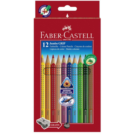 Kredki ołówkowe Faber Castell 12 kolorów Jumbo Grip trójkątne z temperówką